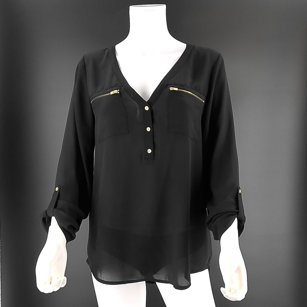 Maurices Black Roll Tab Long Sleeve Zipper Pocket V-Neck Blouse Small